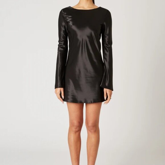 NIA KIM Black Satin Open-Back Mini Dress NWT XS — Bateau Neck, Cowl Back, Lined - Picture 5 of 6